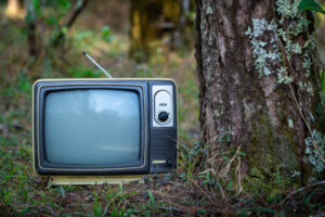 An old television sitting in the grass near a tree, ready for junk removal.